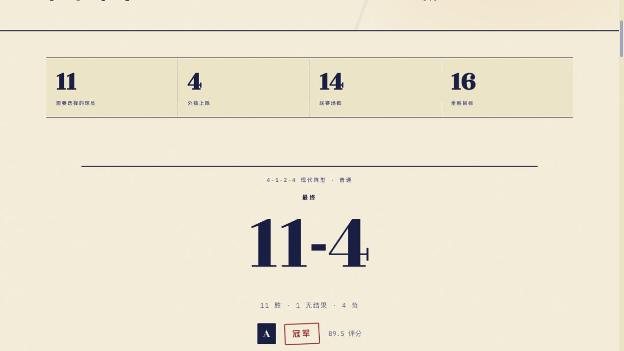 每日第1关实测结果：11胜、1场无结果、4负；冠军，评分89.5。